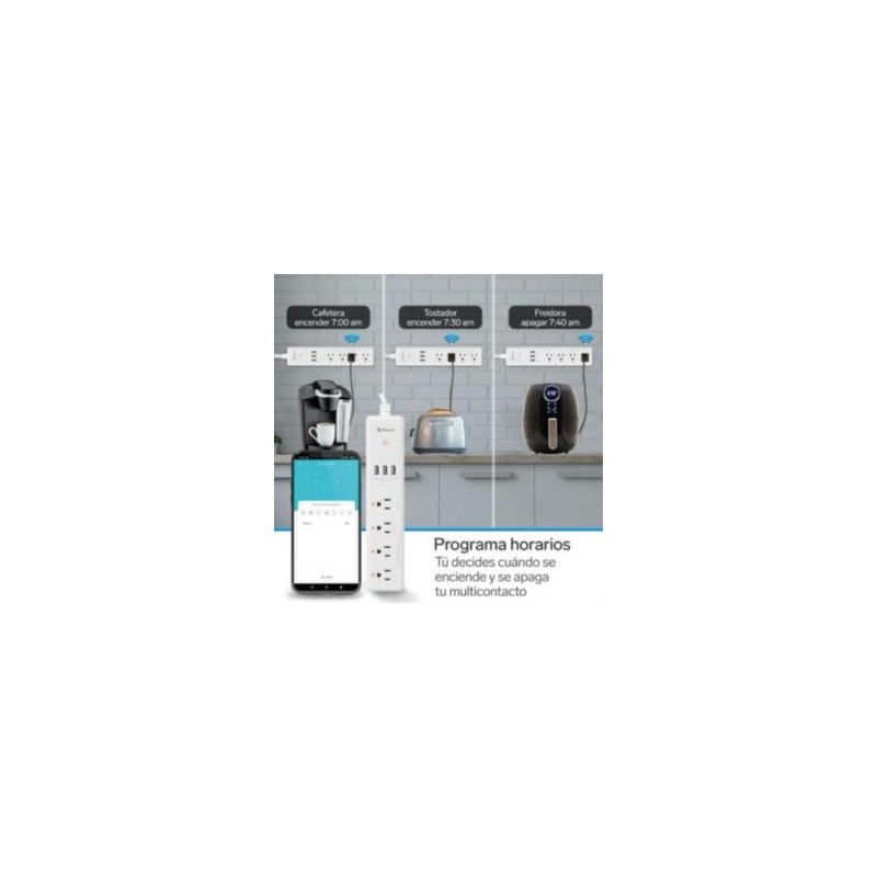 Barra Steren Multicontacto Wi-Fi de 4 Salidas Horizontales y Triple Cargador USB Color Blanco