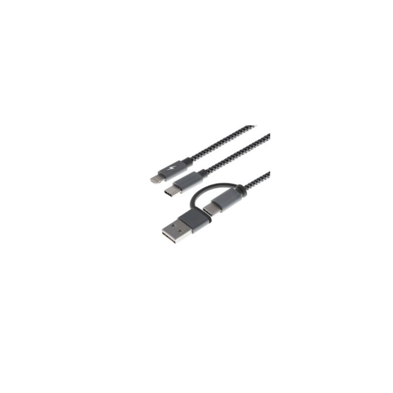 Cable Multifuncional XTech XTC-560 Carga 5 en 1 Trenzado 1.2m USB A o C a Micro USB Lightning o Tipo C Color Gris
