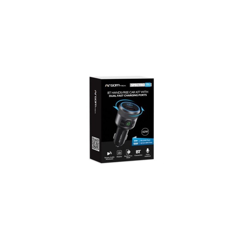 Kit Manos Libres Argomtech para Auto Spectro T1 Bluetooth Pantalla LED Dos Puertos de Carga Rápida 42 W USB Color Negro