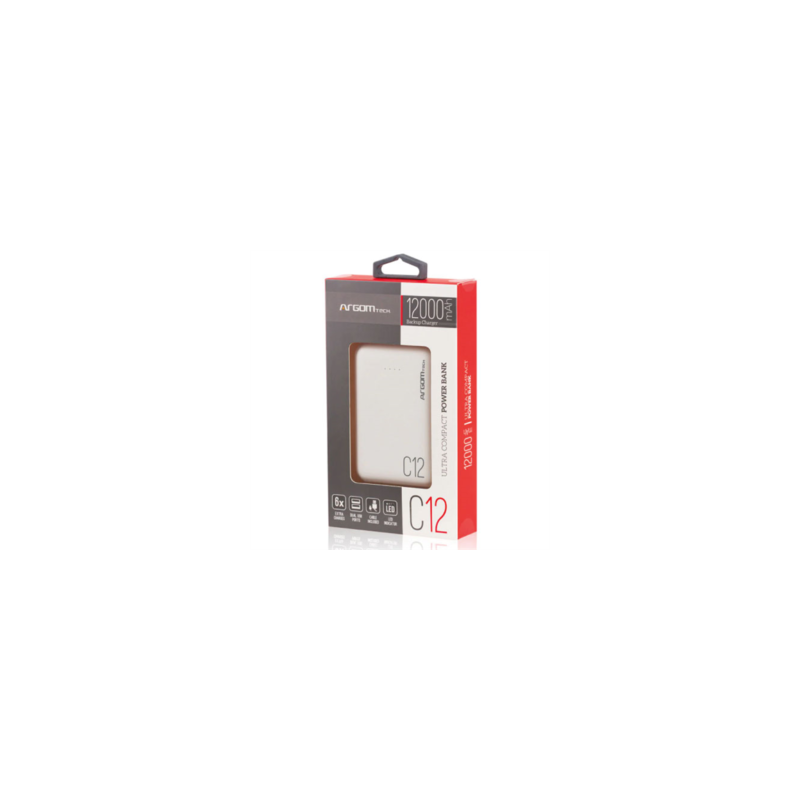 Power Bank Argomtech C12 Ultracompacto 12000mAh  2 Puertos 2.1A/2A Color Blanco