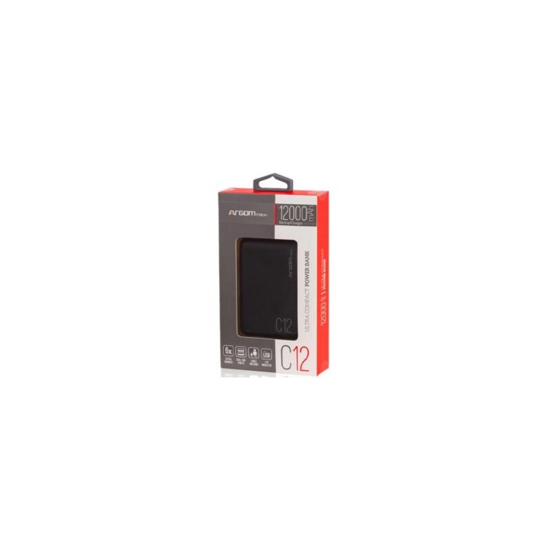 Power Bank Argomtech C12 Ultracompacto 12000mAh  2 Puertos 2.1A/2A Color Negro