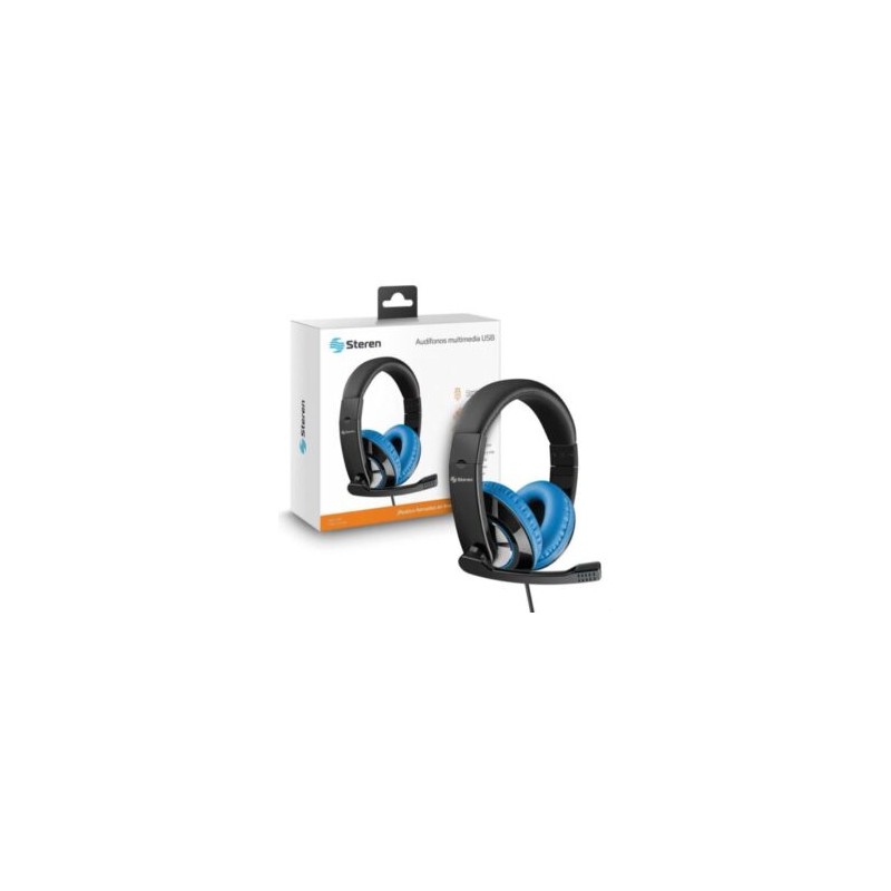 Audífonos Steren Ultraconfort Multimedia USB con Micrófono Color Negro con Azul