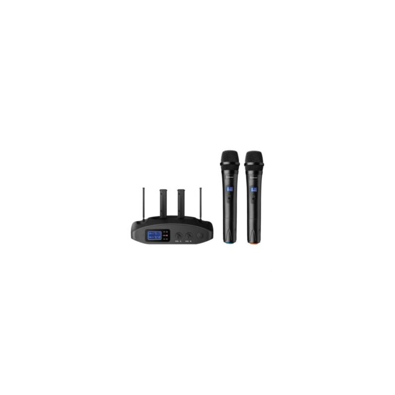 Sistema Profesional Steren 2 Micrófonos Inalámbricos UHF Batería Recargable