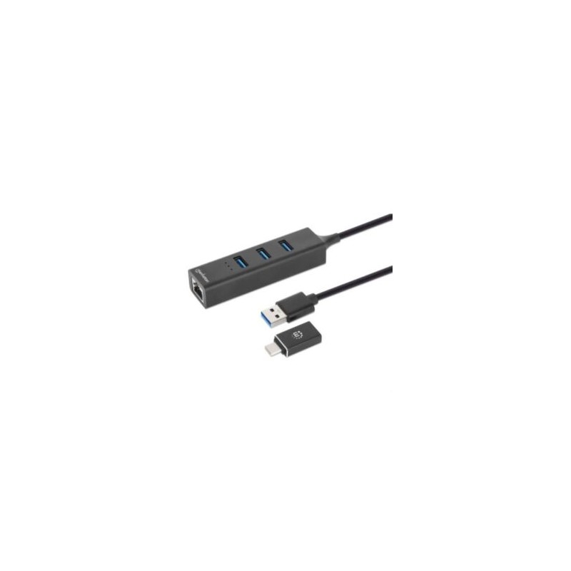Adaptador de Red Manhattan USB A/C con Hub V3 Color Negro