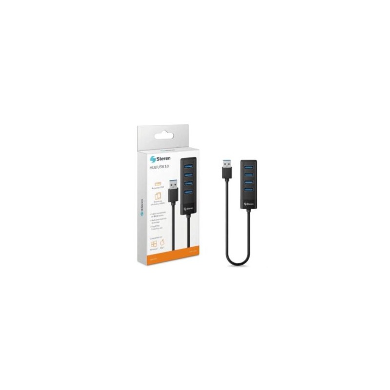 Hub Steren USB 3.0 de 4 Puertos Cable 12.5cm Color Negro