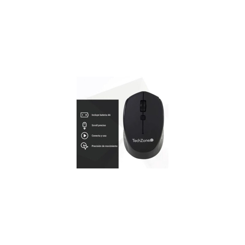 Mouse Óptico TechZone Inalámbrico 800 a 1600dpi Ajustable 3 Botones Ambidiestro Win/MAC Color Negro