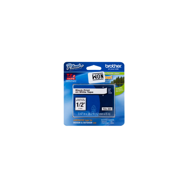 Cinta Brother TZ-231 Laminada Negro sobre Blanco 12mmx8m PT320/340/520/540