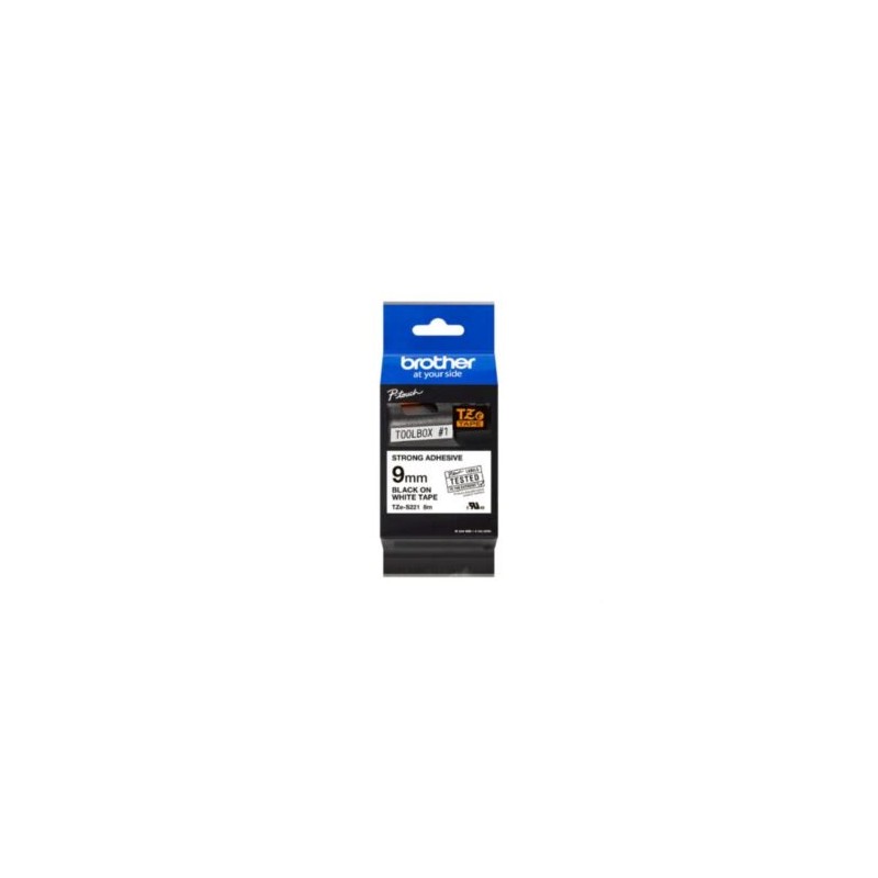Cinta Brother TZeS221 Laminada Súper Adhesiva Texto Negro Fondo Blanco 9mmx8m