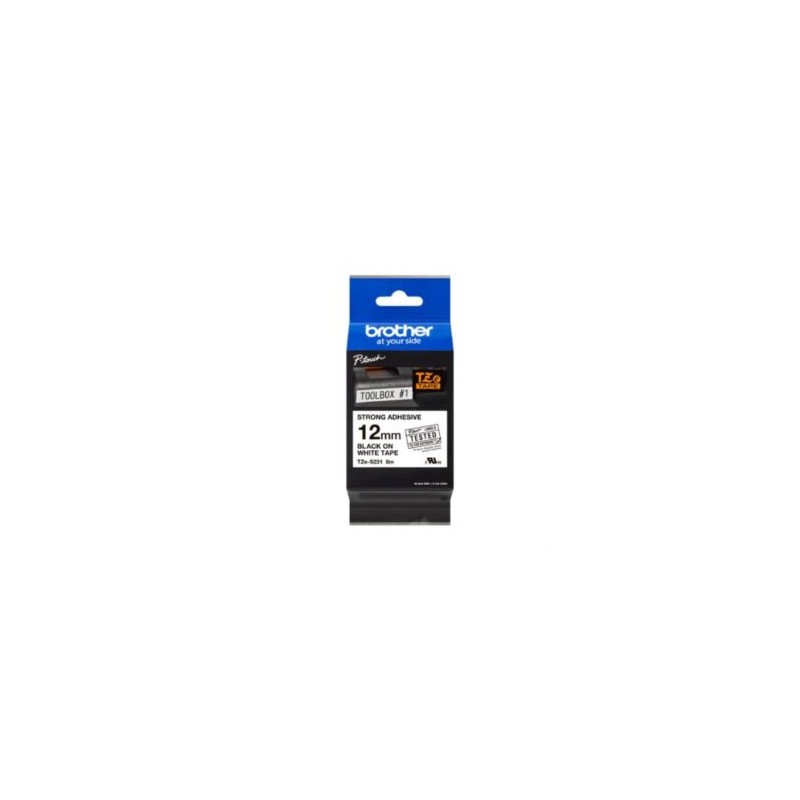 Cinta Brother TZeS231 Laminada Súper Adhesiva Texto Negro Fondo Blanco 12mmx8m